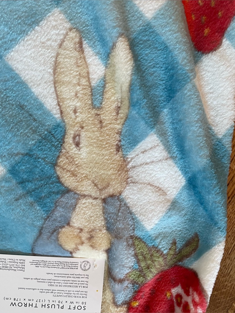 Peter Rabbit Beatrix Potter Strawberry Soft Plush Throw Blanket 50x70 Blue White - Picture 6 of 13